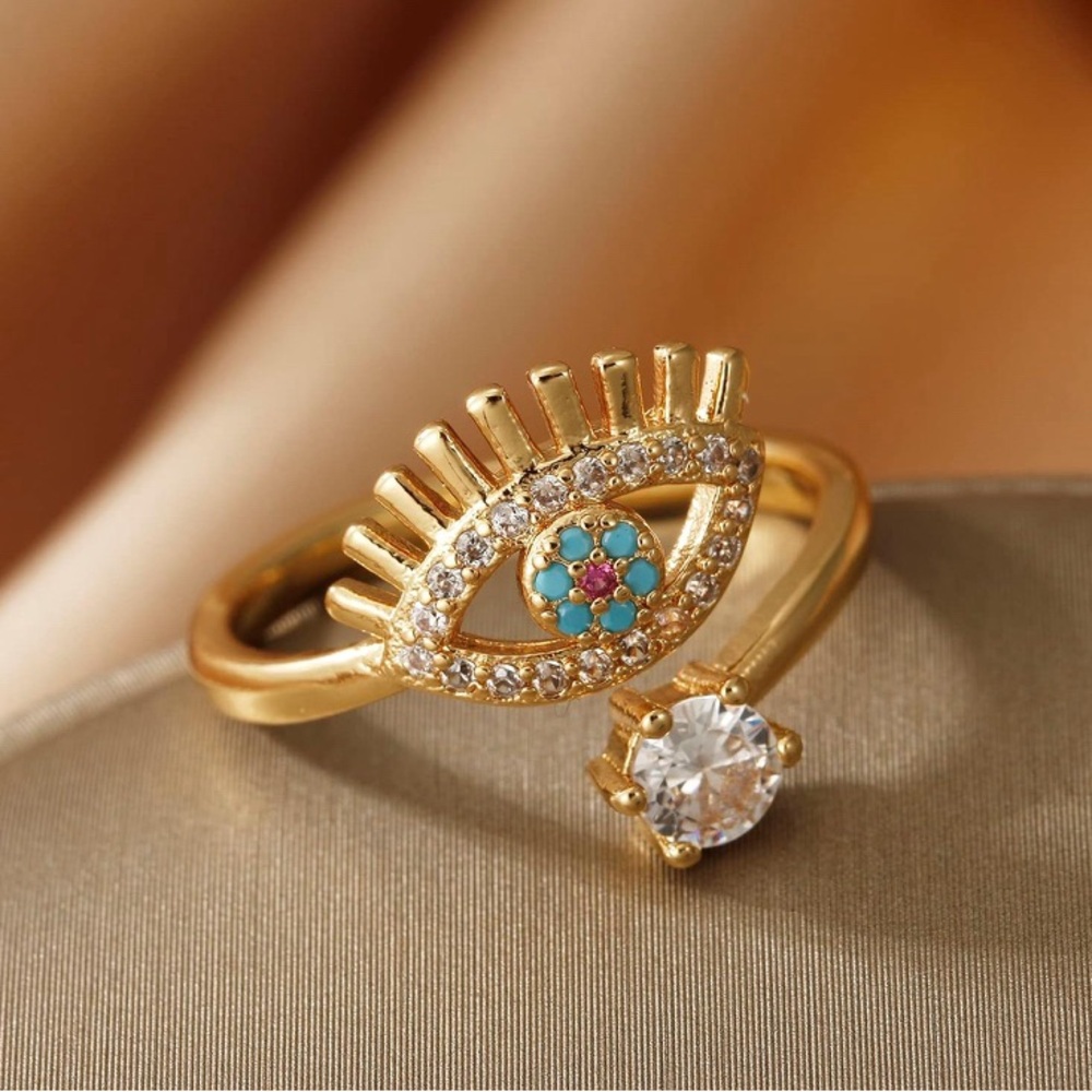 18K Gold Cubic Zirconia Evil Eye Design Ring with Crystal Accent - Picture 3 of 4